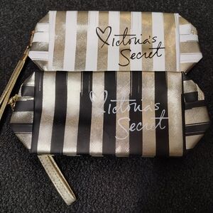 Victorias Secret Gold Stripe Wristlet  Makeup Cosmetic Bag Bundle Of 2 NWOT